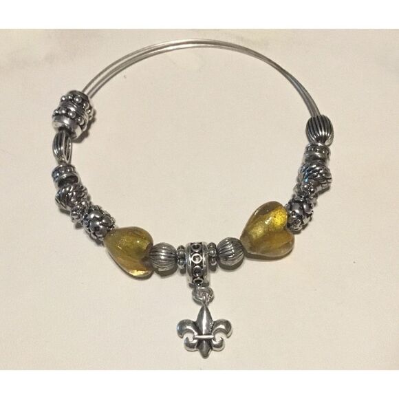 Silver Beaded Fleur de lis & Topaz Murano Glass Heart Expandable Bangle Bracelet - Picture 1 of 1